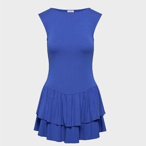Blue Boatneck Dress with Ruffled Skirt